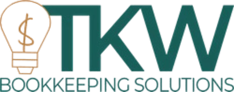 Logo for TKW Bookkeeping Solutions, featuring a lightbulb with a dollar sign inside to the left of the large letters "TKW" and the text "BOOKKEEPING SOLUTIONS" below.